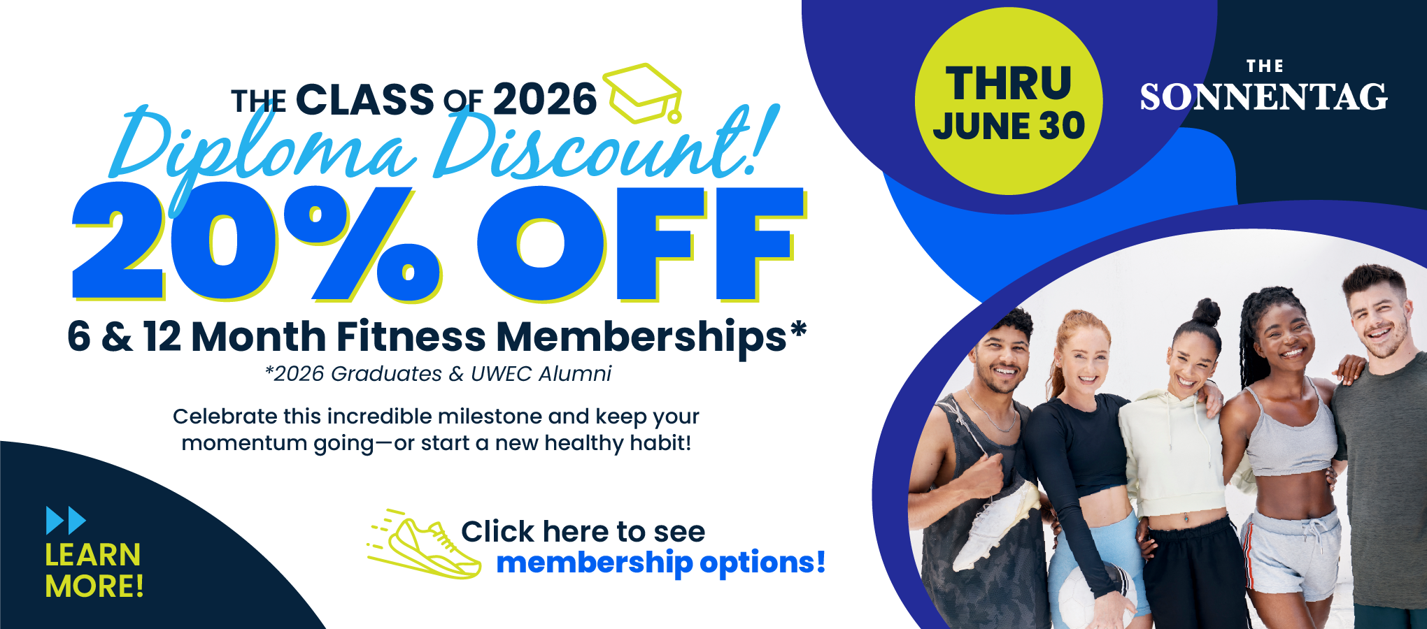 Class of 2026 Diploma Discount promo banner with diverse group of people with 20% off details