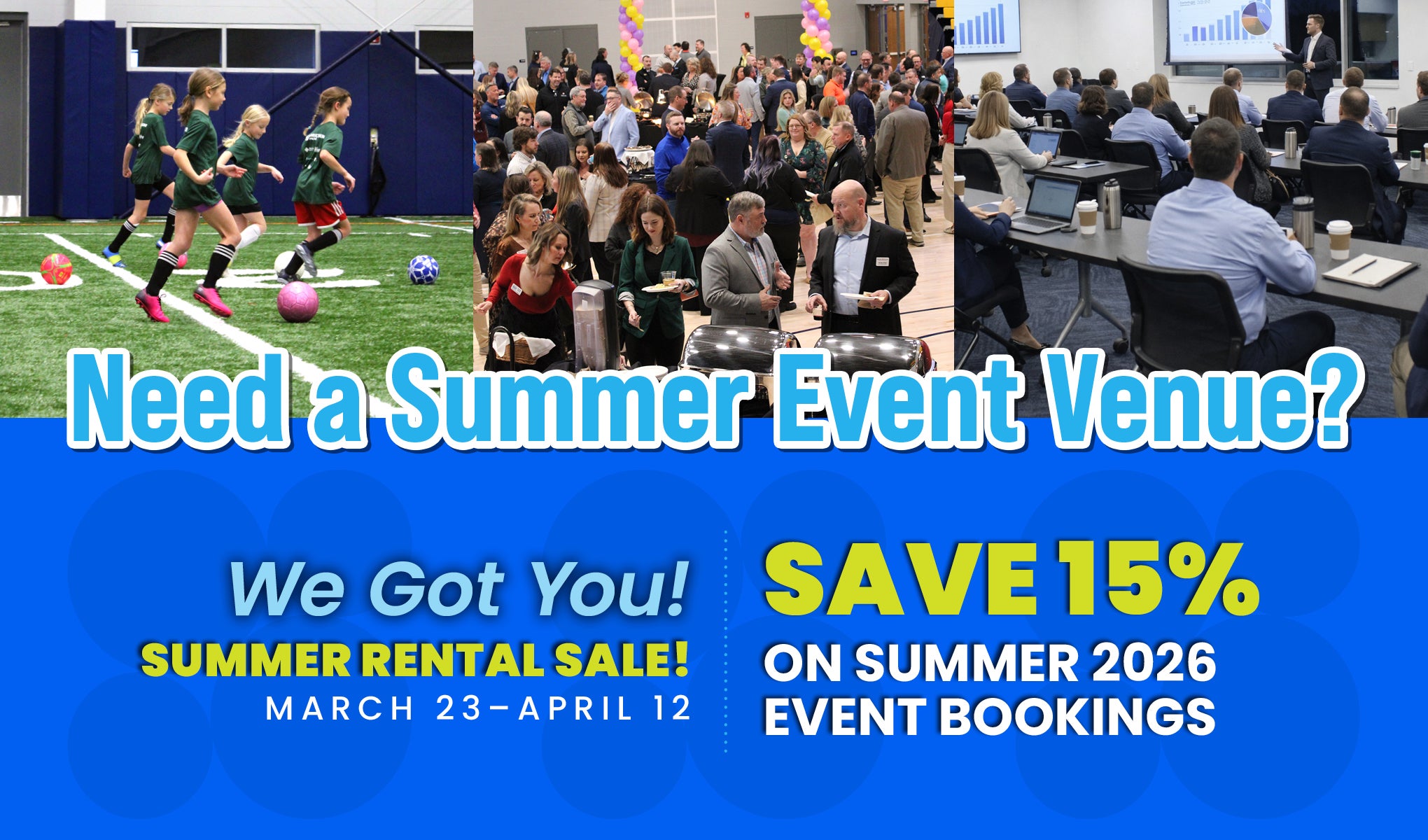 Summer Rental Sale web banner with images of events at The Sonnentag